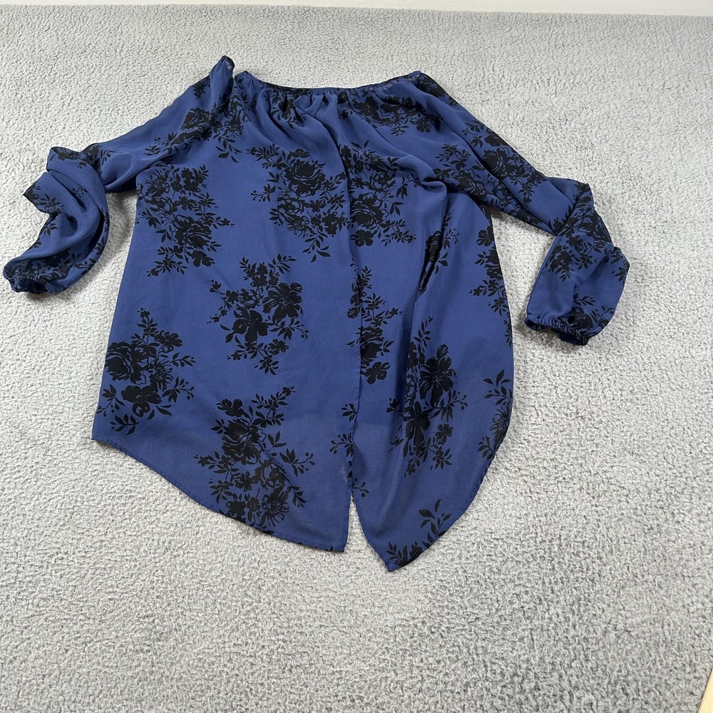 Torrid Shirt Womens 2 Blue Black Floral Sheer Long Sleeve Split Back Blouse - Picture 2 of 16